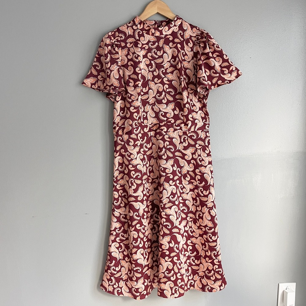 Ann Taylor Factory Burgundy Maroon Paisley Mock Neck Flutter Sleeve Midi Dress 8